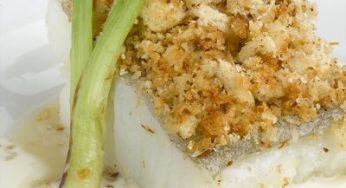 Lomo de bacalao sobre coulis de ajo y leche de coco