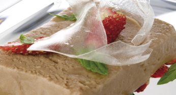 Mousse helada de chocolate, fresas del bosque y eucalipto