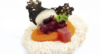 Pulpo sobre puré de sobrasada más crujiente de tinta