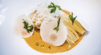 Spaghetti con reducción de langostinos y champiñon