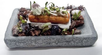 Torrija y cebiche de gamba roja, helado de mostaza verde, algas y halófilas