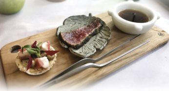 Presa ibérica macerada en algas, galleta de sus interiores y jugo ibérico ácido