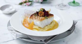 Skrei a la sartén con salsa de naranja y puré de patata