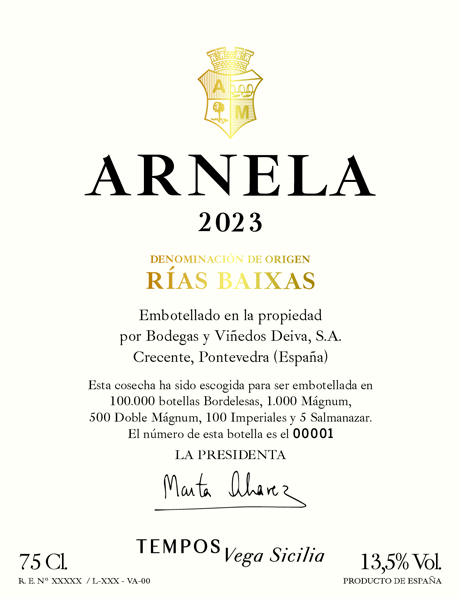 Etiquetas de Deiva y Arnela, los vinos de Tempos Vega Sicilia en la D.O. Rías Baixas, que saldrán al mercado a partir de 2025