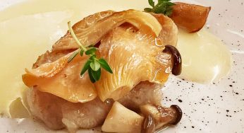 Molleja de ternera, setas escabechadas y gazpachuelo ibérico