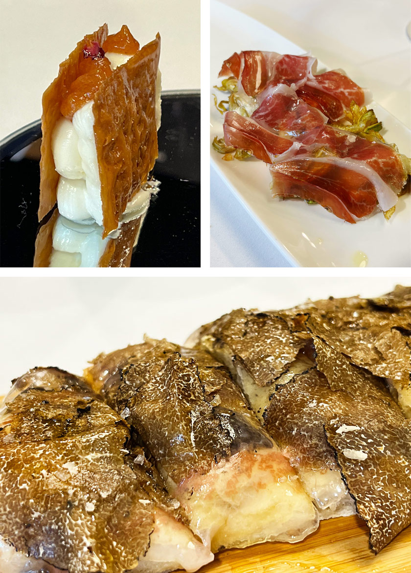 Platos del restaurante Jota Ele (Murcia): corte de queso murciano; alcachofas con jamón ibérico; focaccia con velo ibérico y trufa de temporada