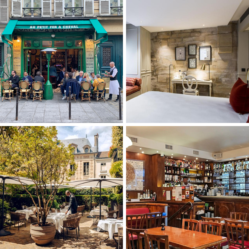Le Marais: 1. Au Petit Fer a Cehval. 2. Hotel Charles V. 3. Hotel Le Pavillon de la Reine. 4.- Les Philosophes