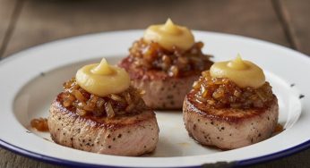 Solomillo ibérico con puré de manzana y un toque de cebolla caramelizada